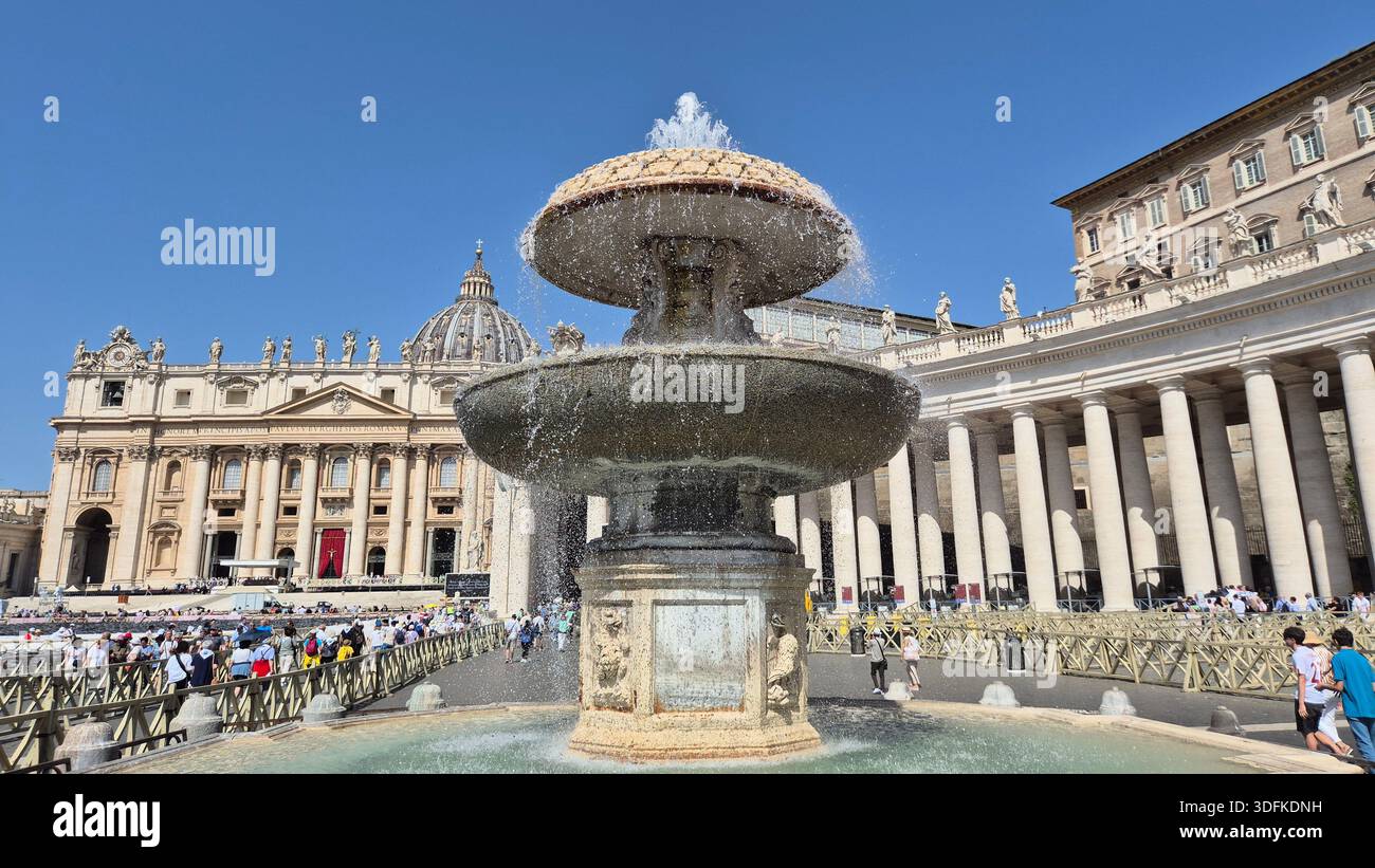 Fountain at St. Peter’s Square with St. Peter’s Basilica in Vatican City - Smartphone Captured Stock Image