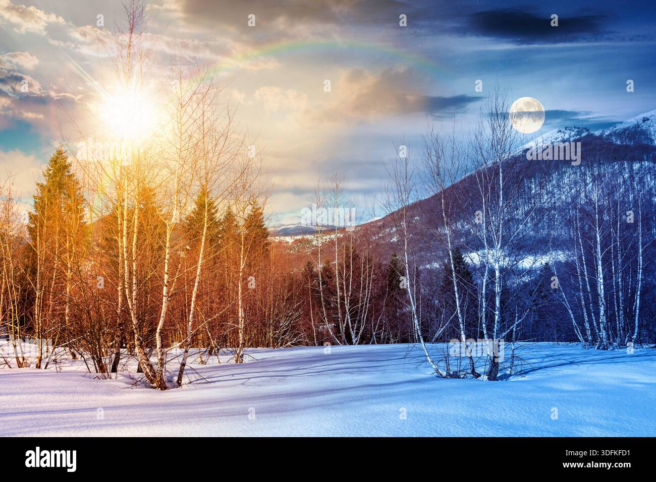 winter solstice landscape. day and night time change concept. deciduous forest on snow covered hill with sun and moon at twilight. beautiful scenery u Stock Photo
