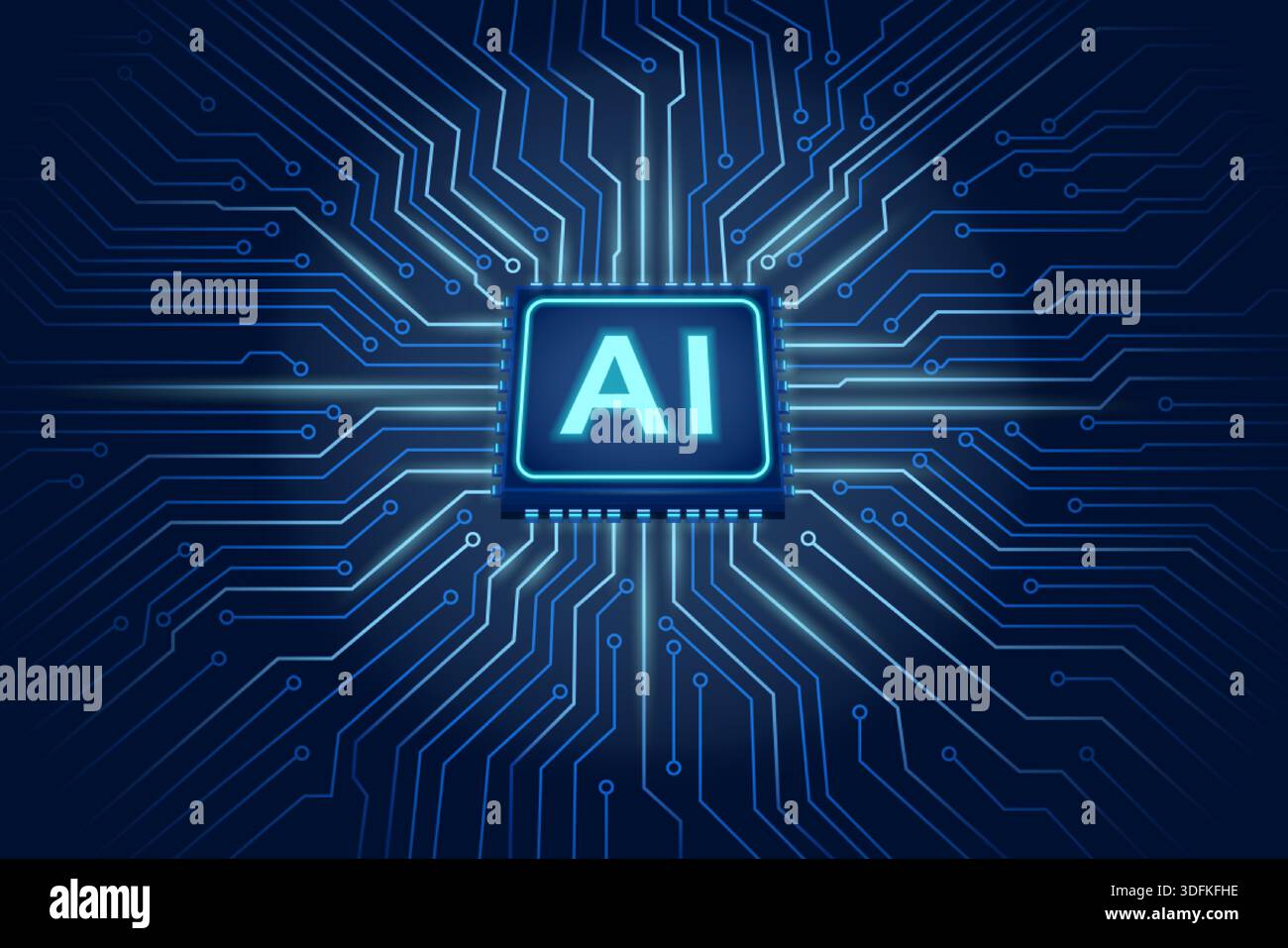 Futuristic AI Microchip with Glowing Circuit Network on Dark Blue Background Stock Vector