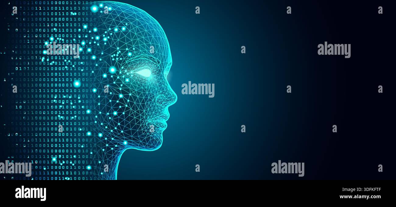 Futuristic AI Head with Glowing Eye and Binary Code Streams on Dark Neural Network Background Stock Vector