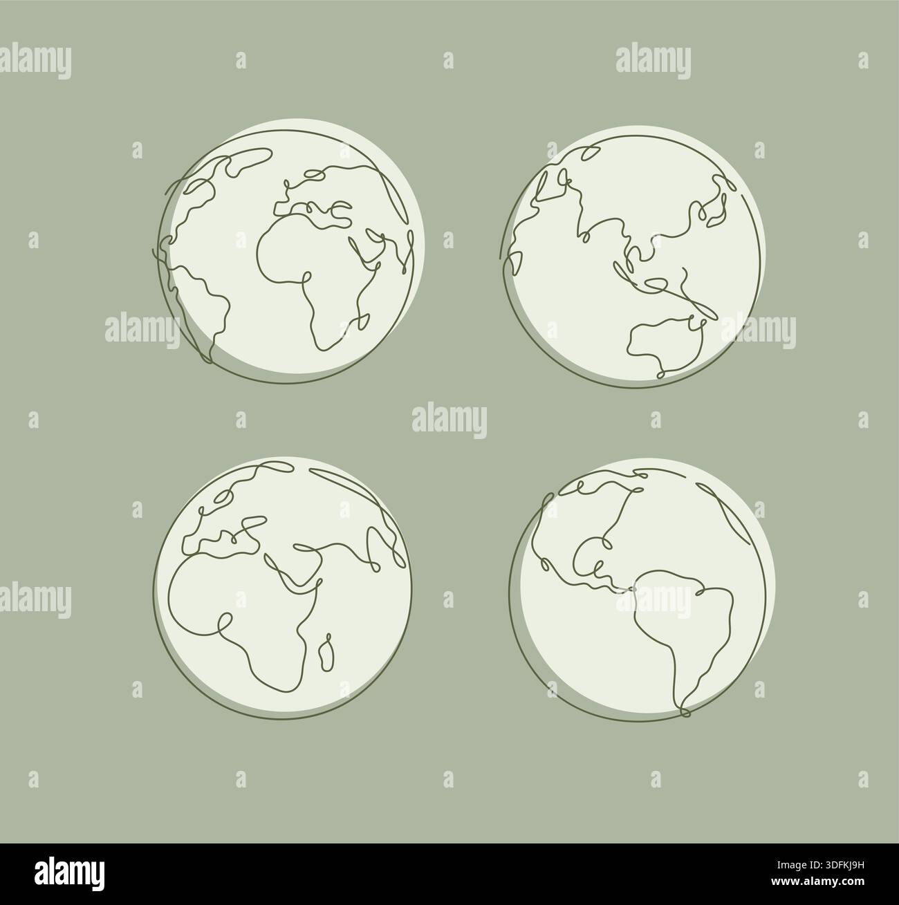 Earth world map globe drawing in one continuous green line on khaki background Stock Vector