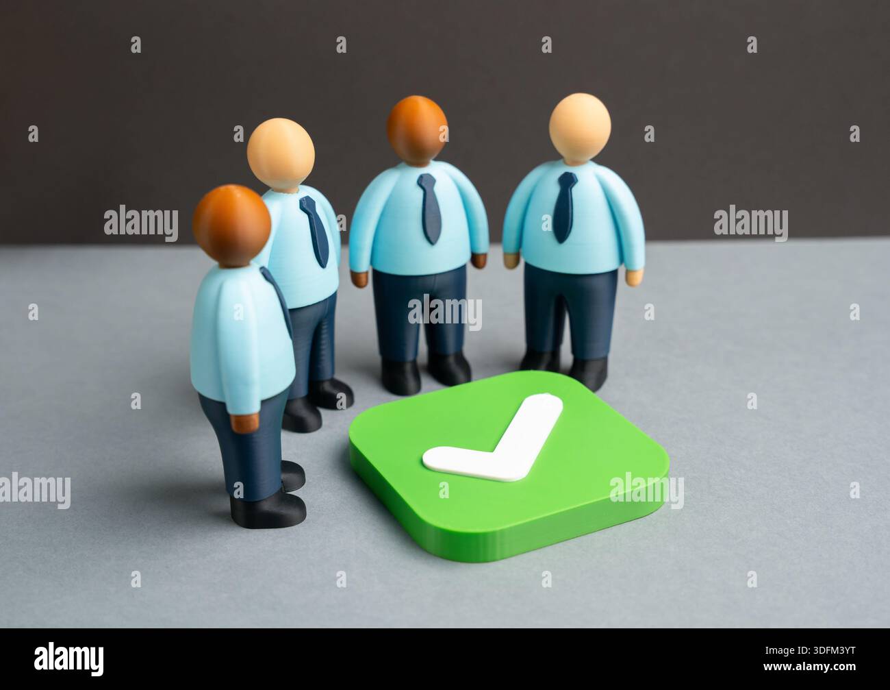 Office workers gathered around a green checkmark. Compromise and ...