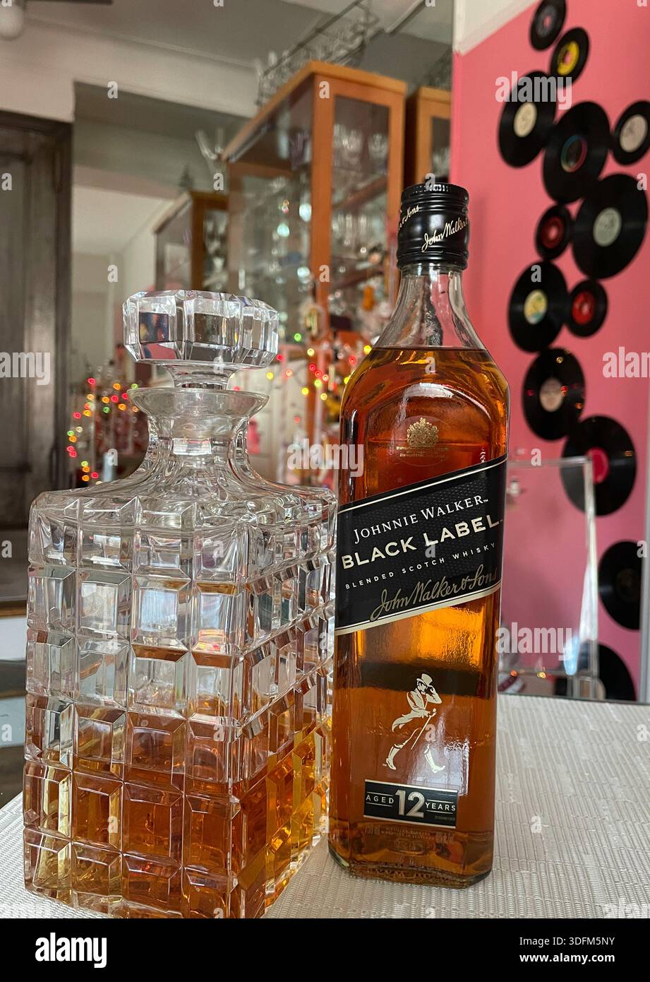 Still life of a bottle of Johnny Walker, black label, blended scotch whiskey, 2025, United States - Smartphone Captured Stock Image