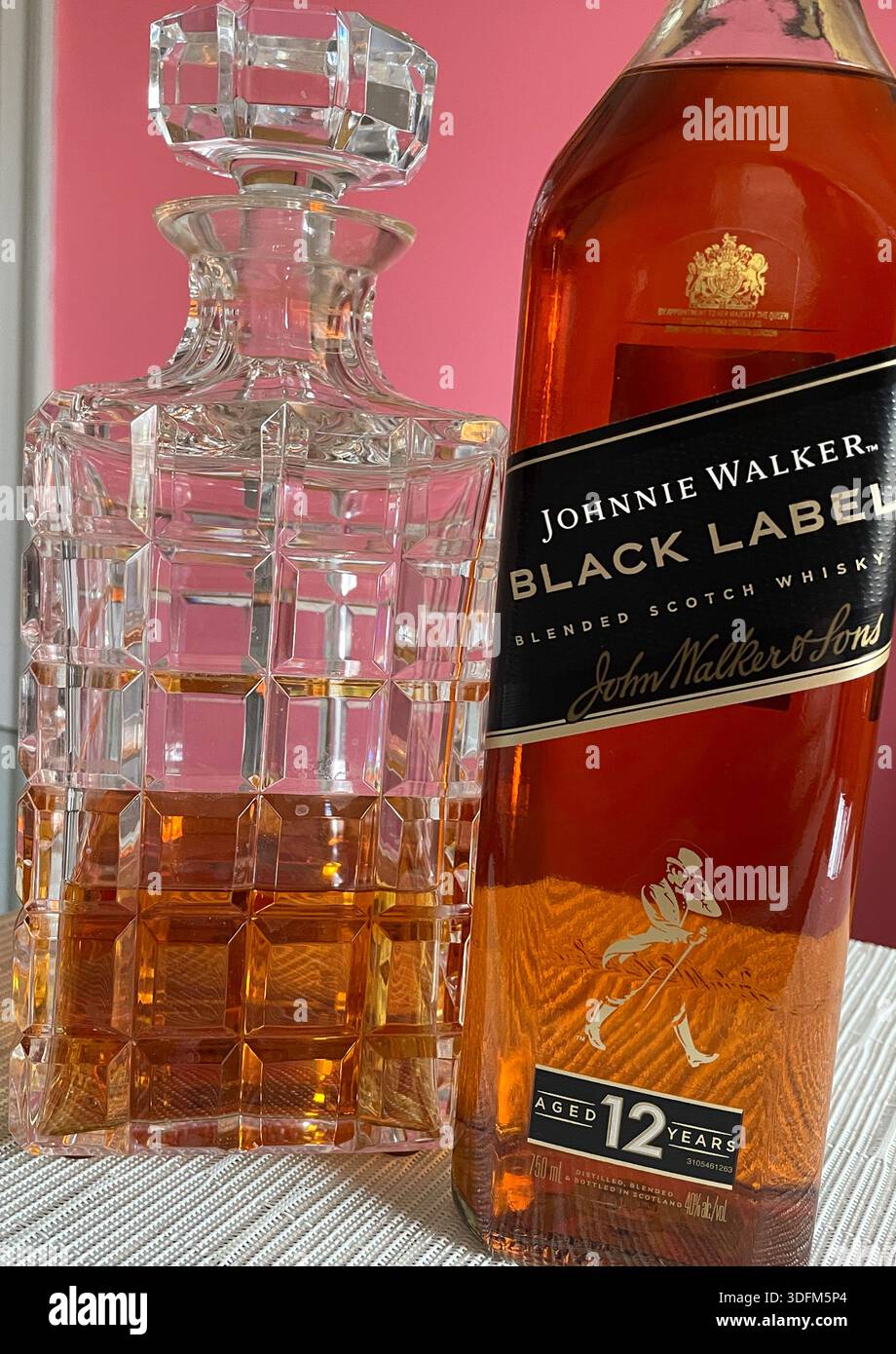 Still life of a bottle of Johnny Walker, black label, blended scotch whiskey, 2025, United States - Smartphone Captured Stock Image