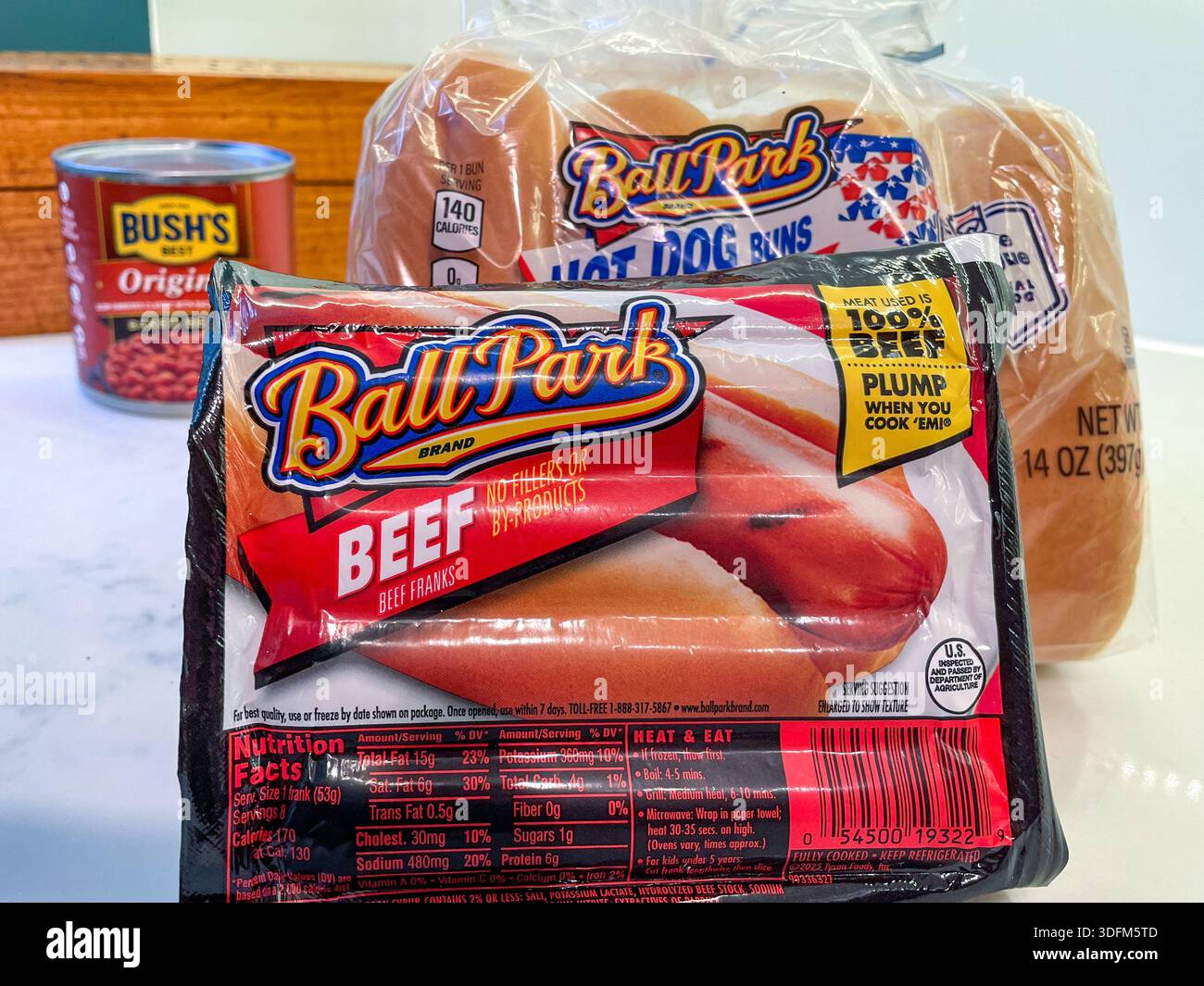 Packages of Ballpark, all beef hotdogs and buns on the kitchen counter, 2025, United States - Smartphone Captured Stock Image