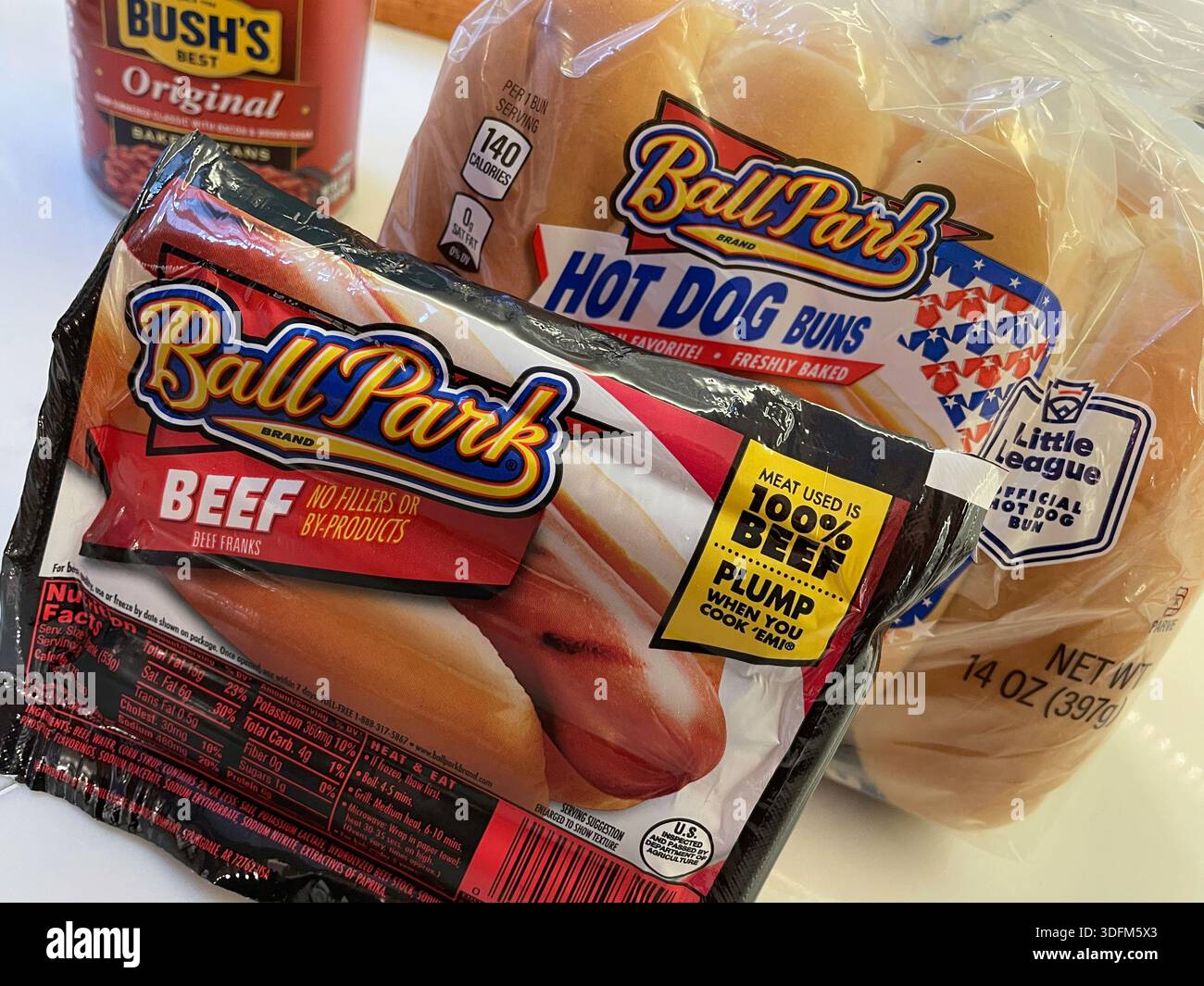 Packages of Ballpark, all beef hotdogs and buns on the kitchen counter, 2025, United States - Smartphone Captured Stock Image