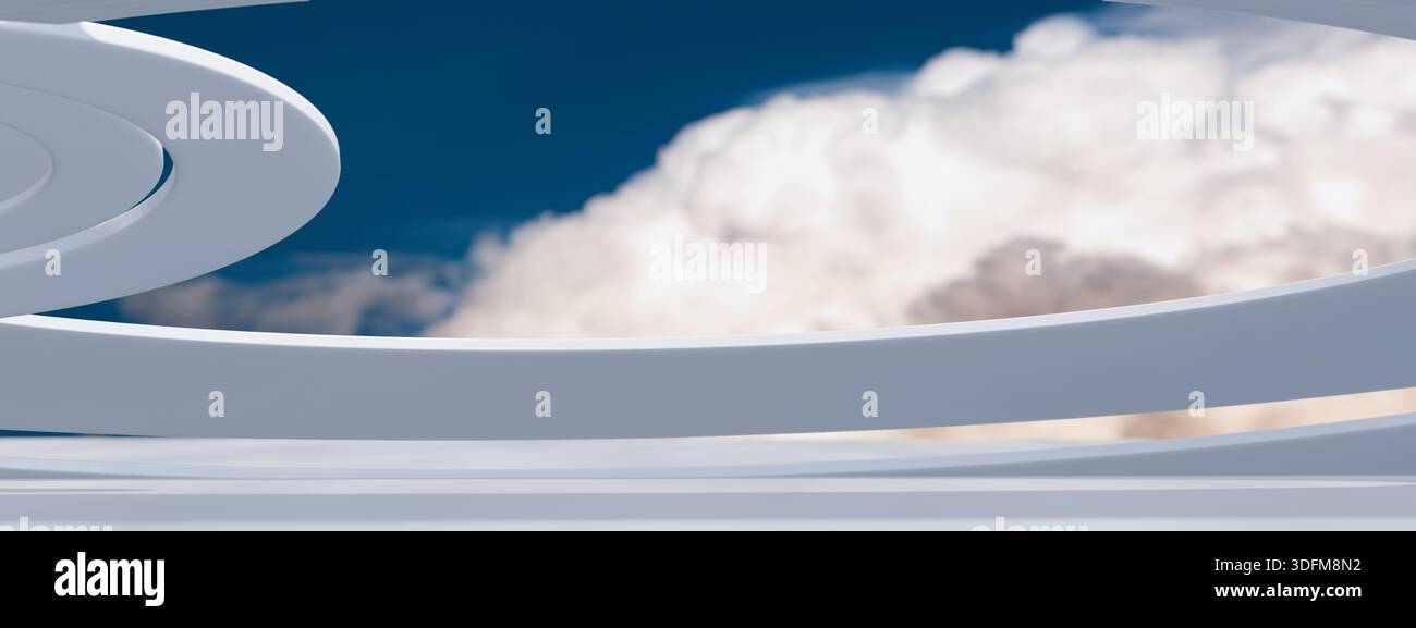 Curved white architectural elements with a dramatic cloudy sky in the background. 3d rendering Stock Photo