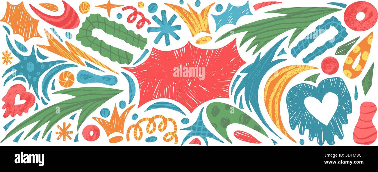 Bang text box and crayon abstract geometric shapes background set. Geometry and organic freeform abstract naive hand drawn scribbles figures. Vector h Stock Vector