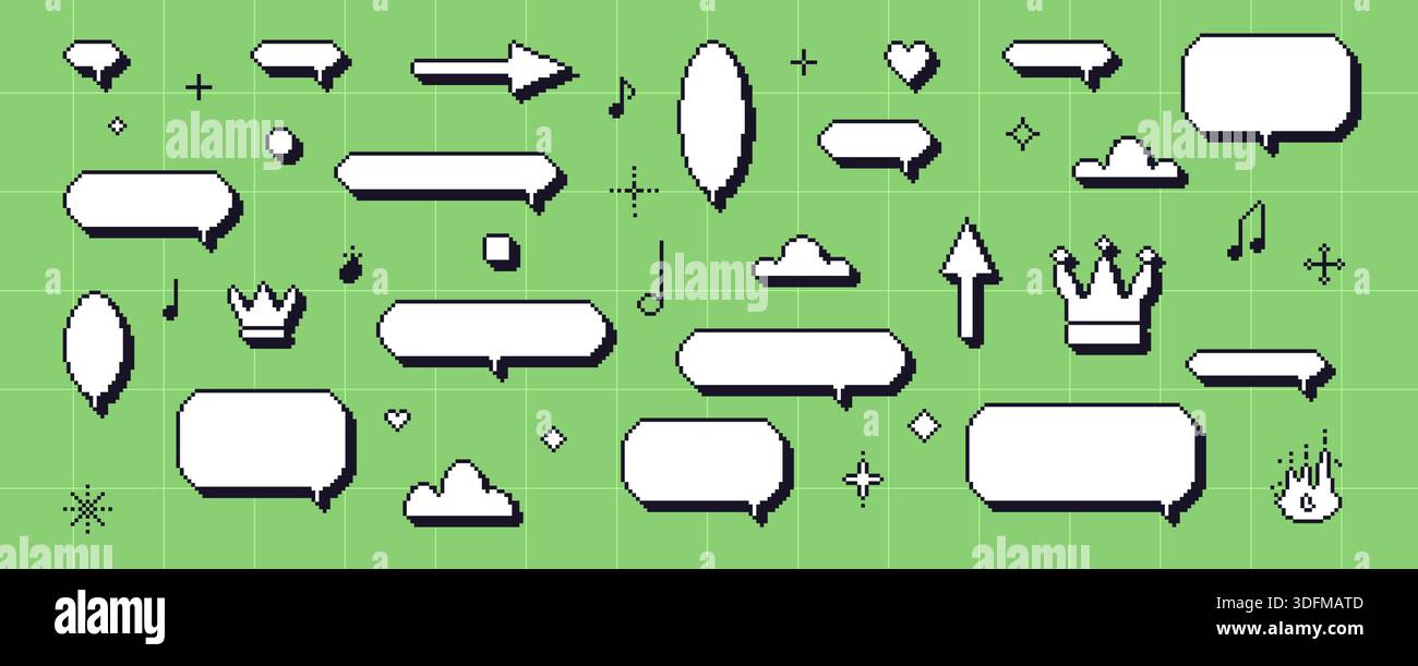 Pixel dialogue boxes set. 8 bit y2k speech bubbles set. Game pixel art ...