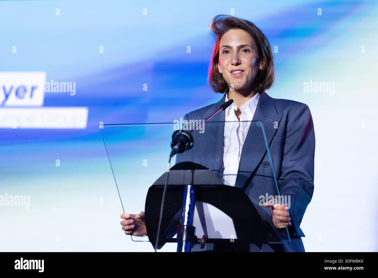 President of the Renew Europe Group Valerie Hayer addresses the ...