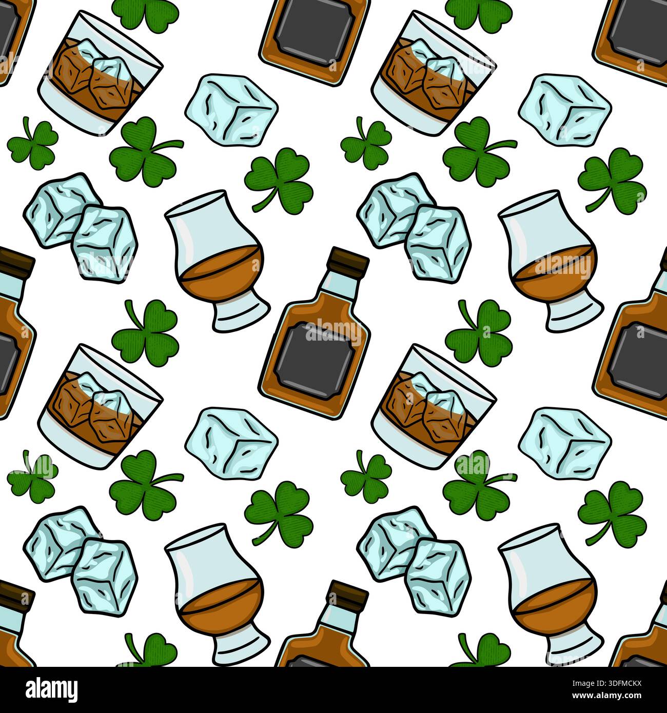 Saint Patrick's Day seamless vector pattern with whiskey, ice cubes, and shamrocks Stock Vector
