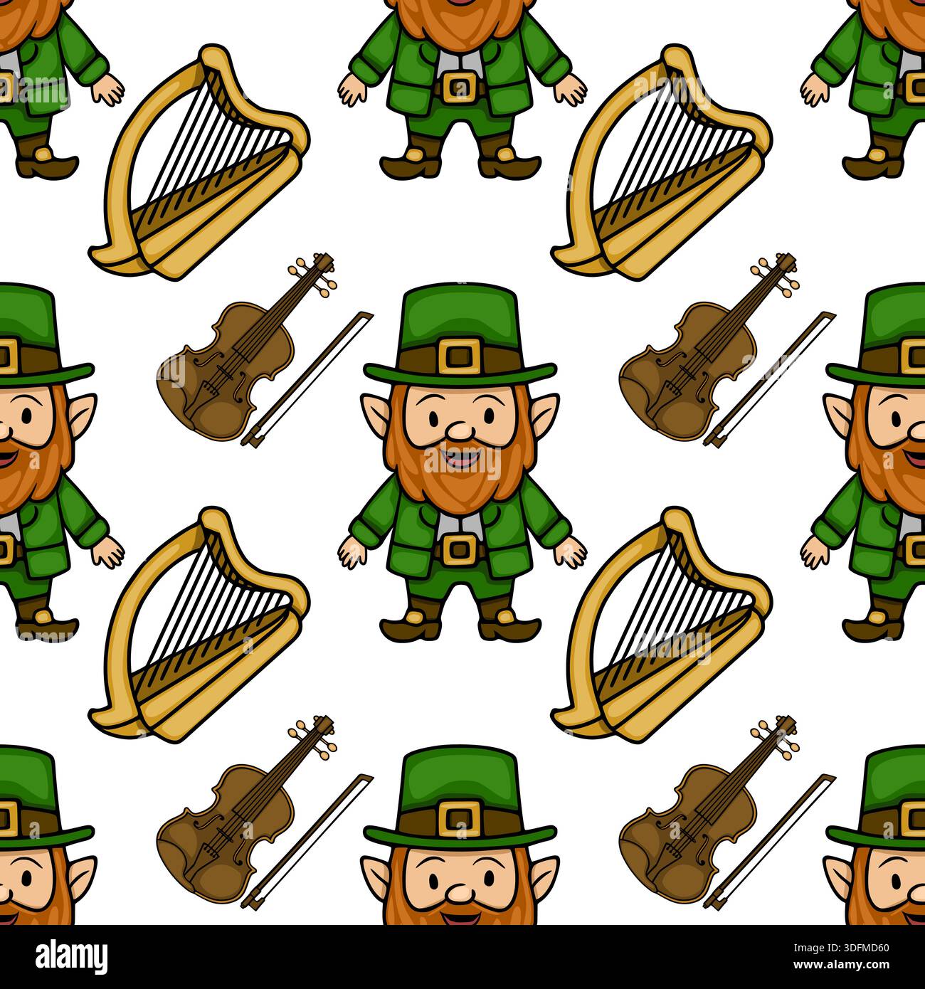Cute leprechaun and Irish musical instruments seamless pattern vector ...