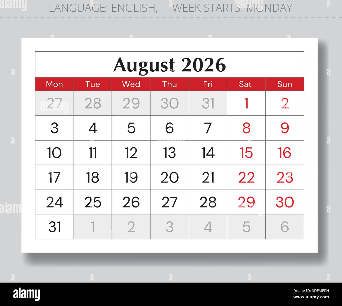 August 2026 Calendar Page English Monthly Vector With Monday Start august-2026-calendar-page-english-monthly-vector-with-monday-start