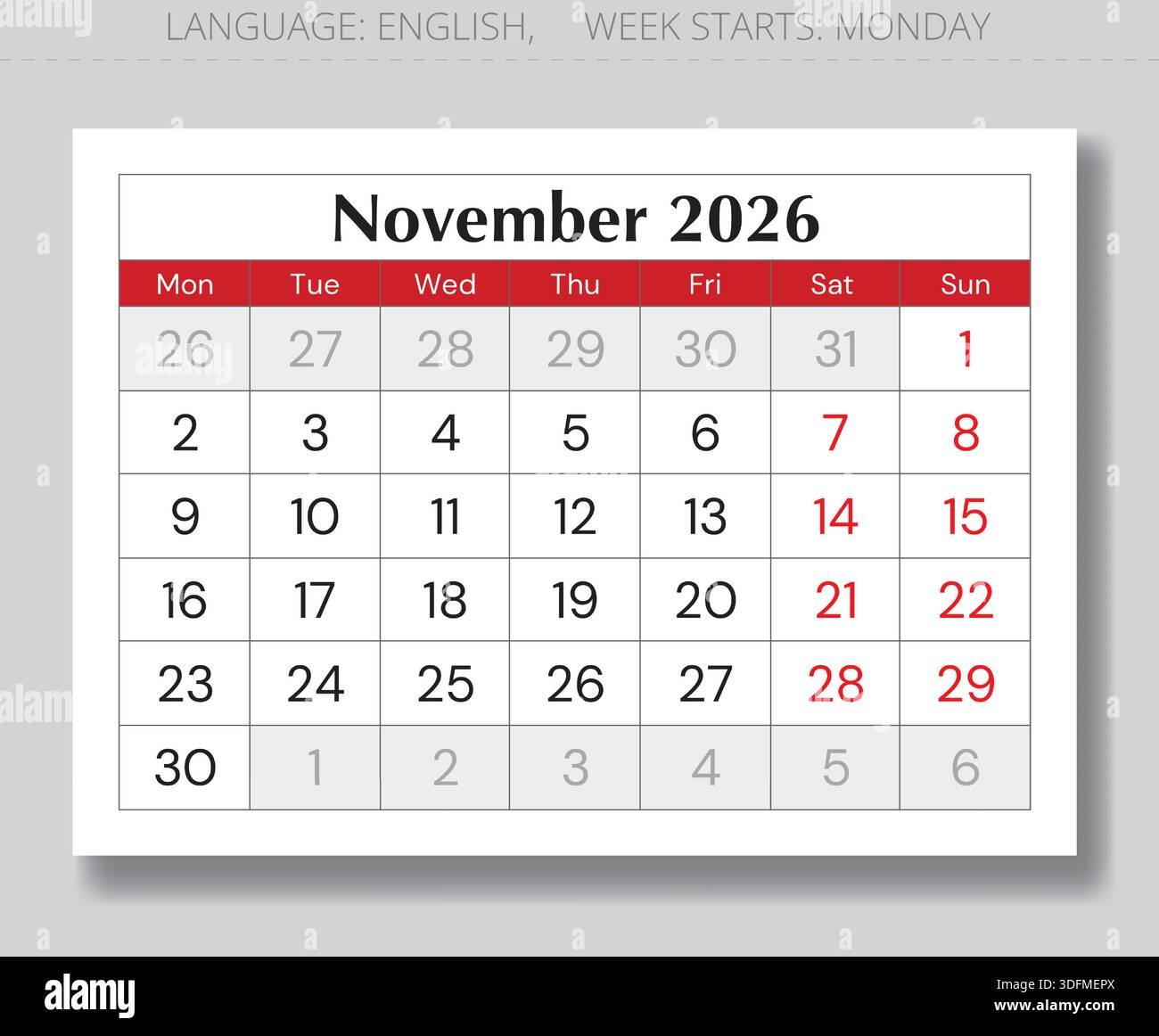 November 2026 calendar page. English monthly vector with Monday start ...