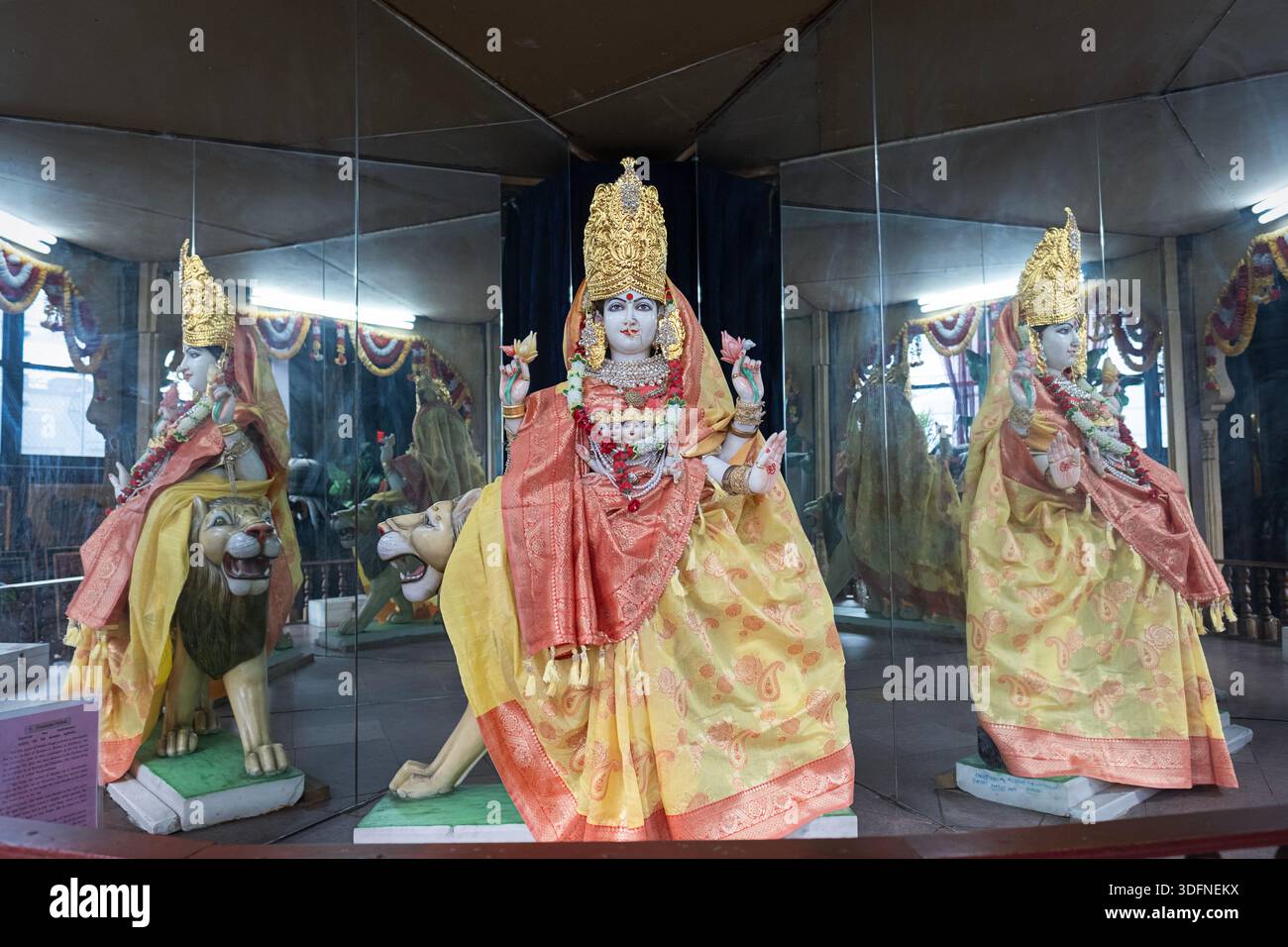 A statue of Kooshmanda, a Hindu goddess who is a form of Durga. At the Geeta Temple Ashram on 56th St. in Woodside, Queens, NY. in a showcase with mir Stock Photo