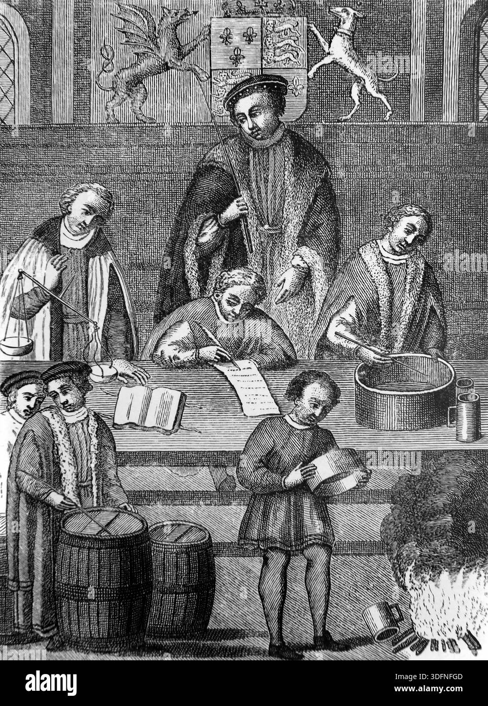 Illustration of Henry VII Trial of Weights and Measures at the Exchequer with Clerks testing Barrels and Measures with scales and burning the faulty o Stock Photo