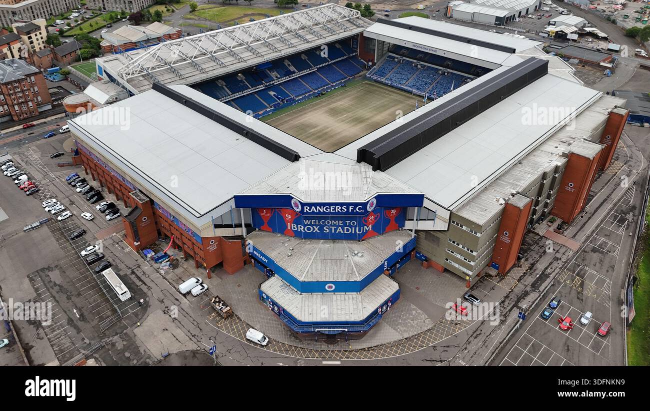 Aerial view of Ibrox Stadium, the home ground of Rangers FC, located in the Ibrox district of Glasgow. The football pitch and surrounding stands are s Stock Photo