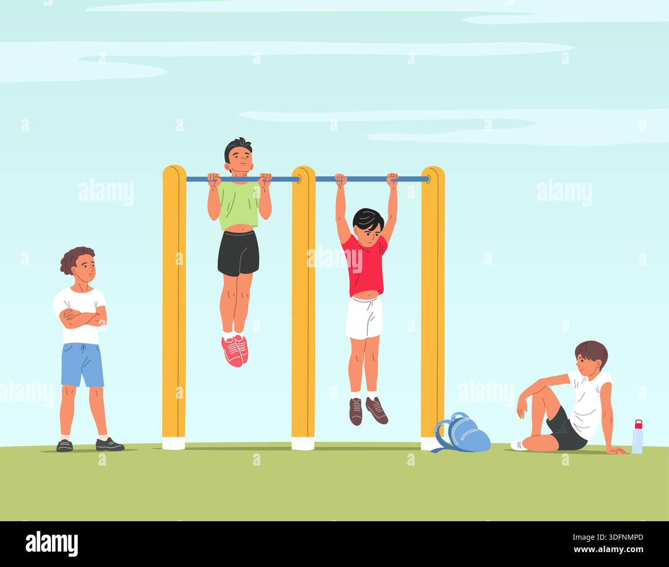 School boys doing pull ups on playground bars Stock Vector