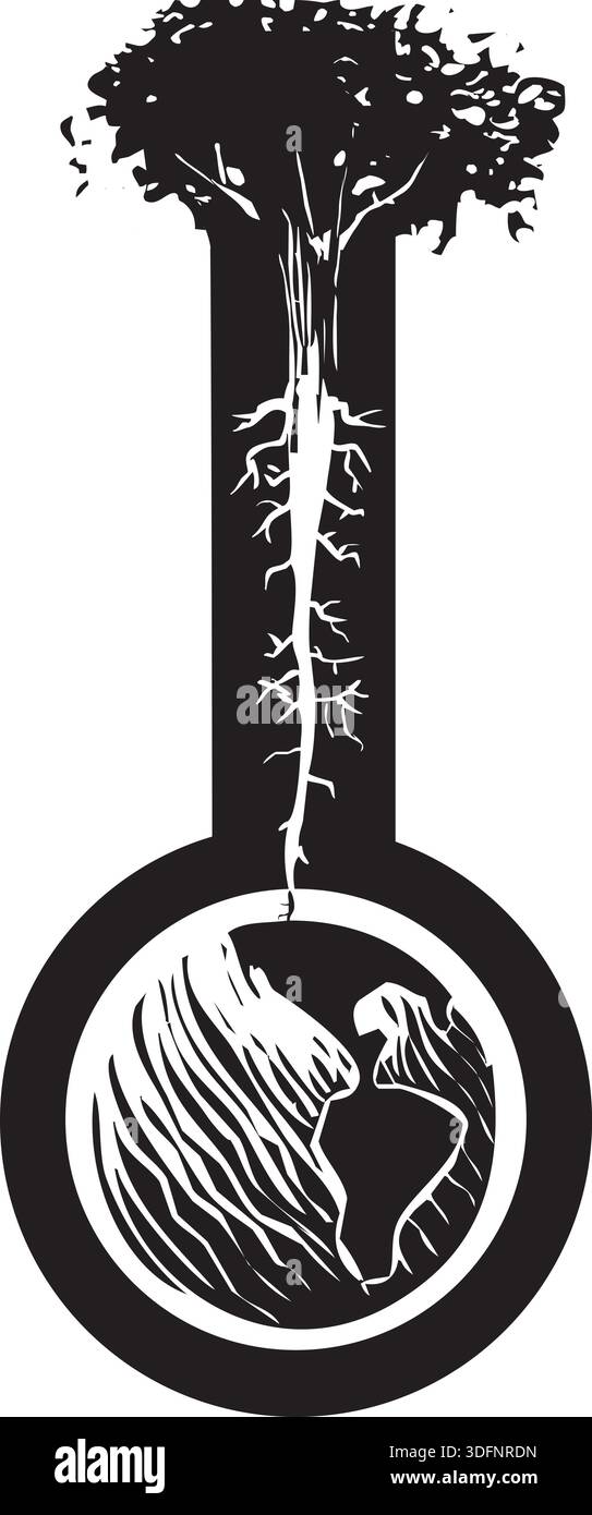 Woodcut style image of a tree with roots like nerve endings growing out ...