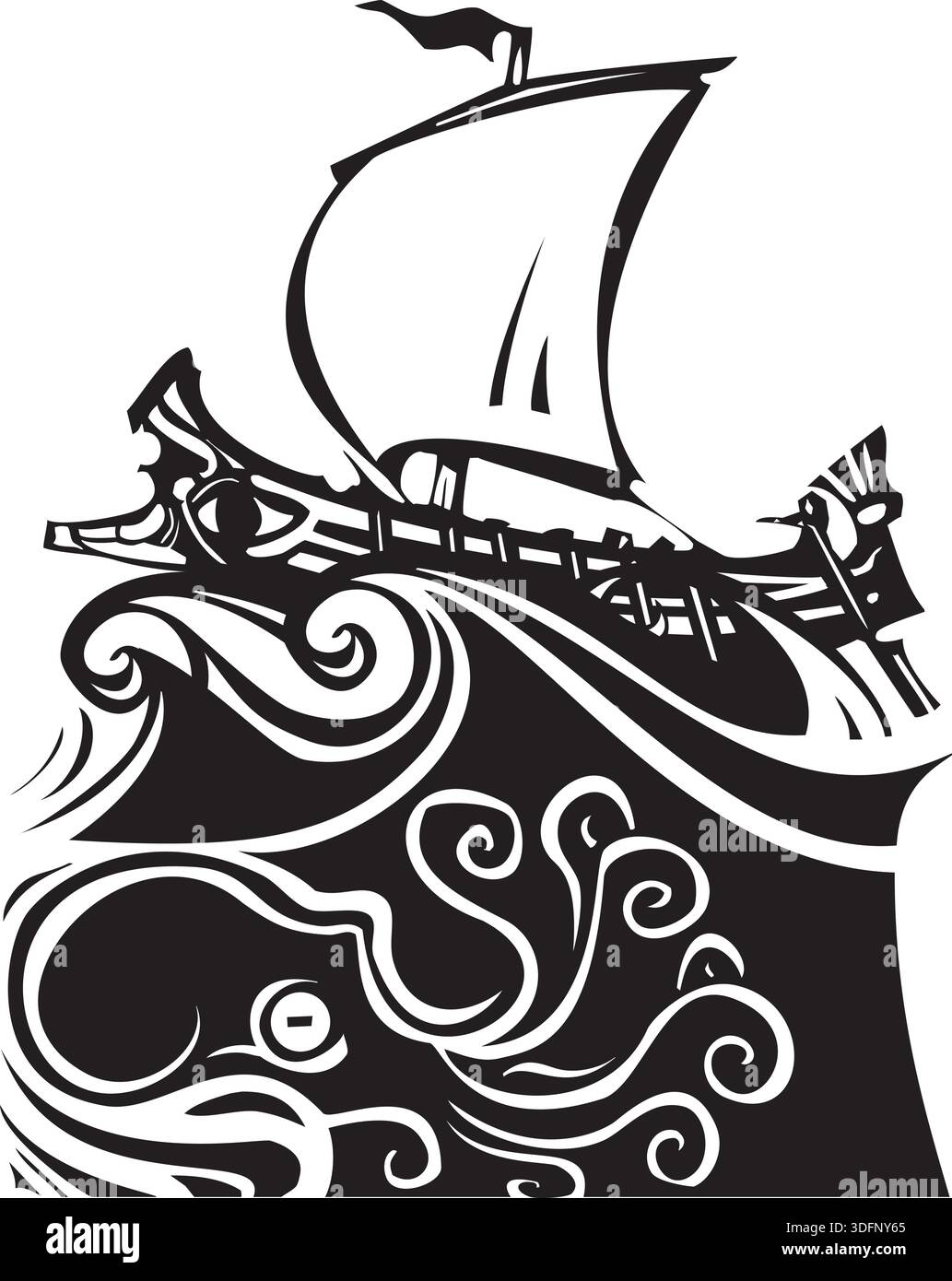 Woodcut style ancient Greek Galley with oars and sail with sea life ...