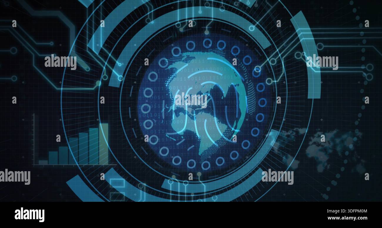 Displaying central HUD with globe, rings, binary, nodes and circuits on virtual dashboard Stock Photo