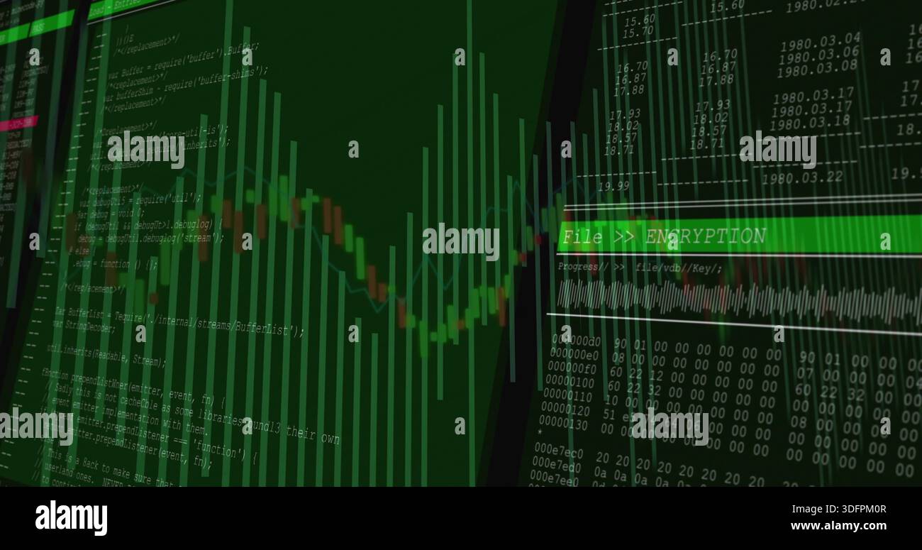 Showing system UI displaying green bar chart with candlestick line hex code table ENCRYPTION banner Stock Photo