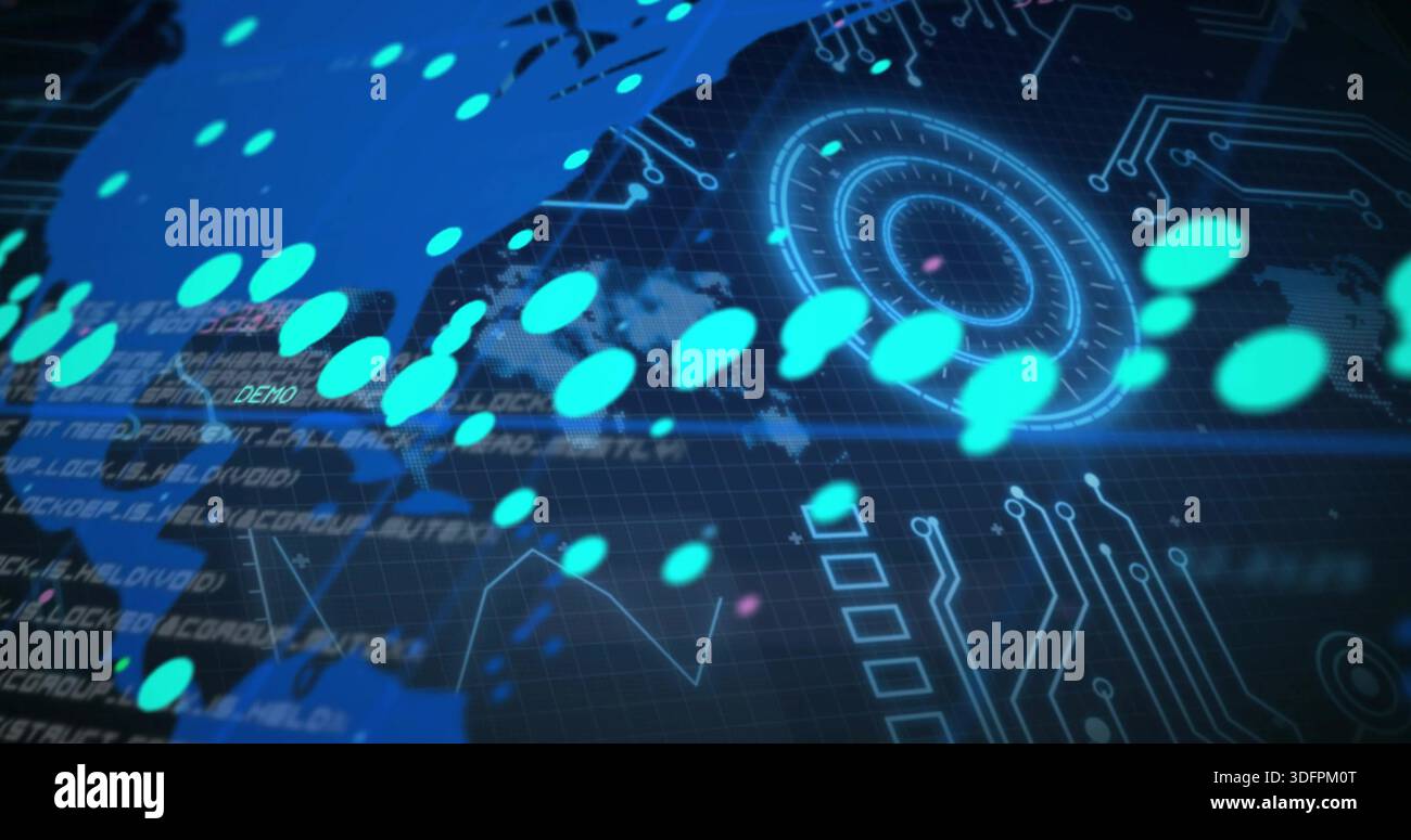 Displaying digital dashboard, showing teal dots, map, HUD, grid, circuit traces, waveform code Stock Photo