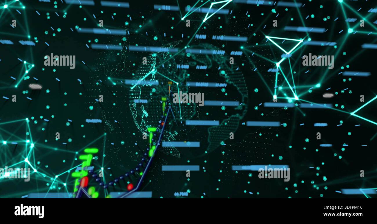 Displaying wireframe globe rotating in virtual dashboard with ascending line graph and data bars Stock Photo