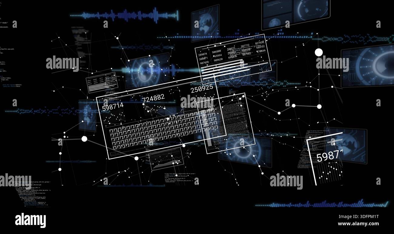 Displaying translucent UI panes and wireframe keyboard in virtual data space, with numeric strings Stock Photo
