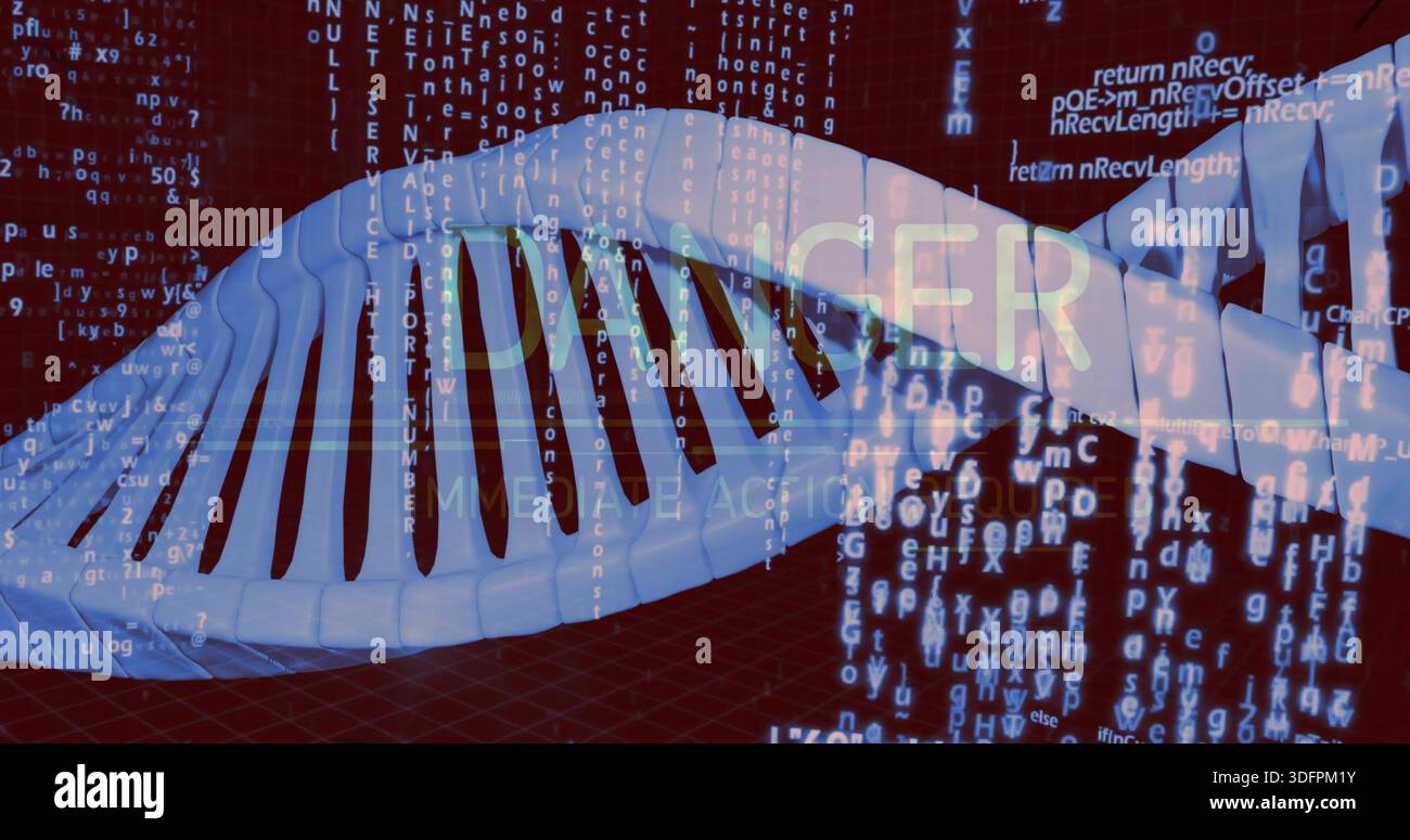 Displaying white 3D DNA double helix crossing virtual lab backdrop, showing code streams and DANGER Stock Photo