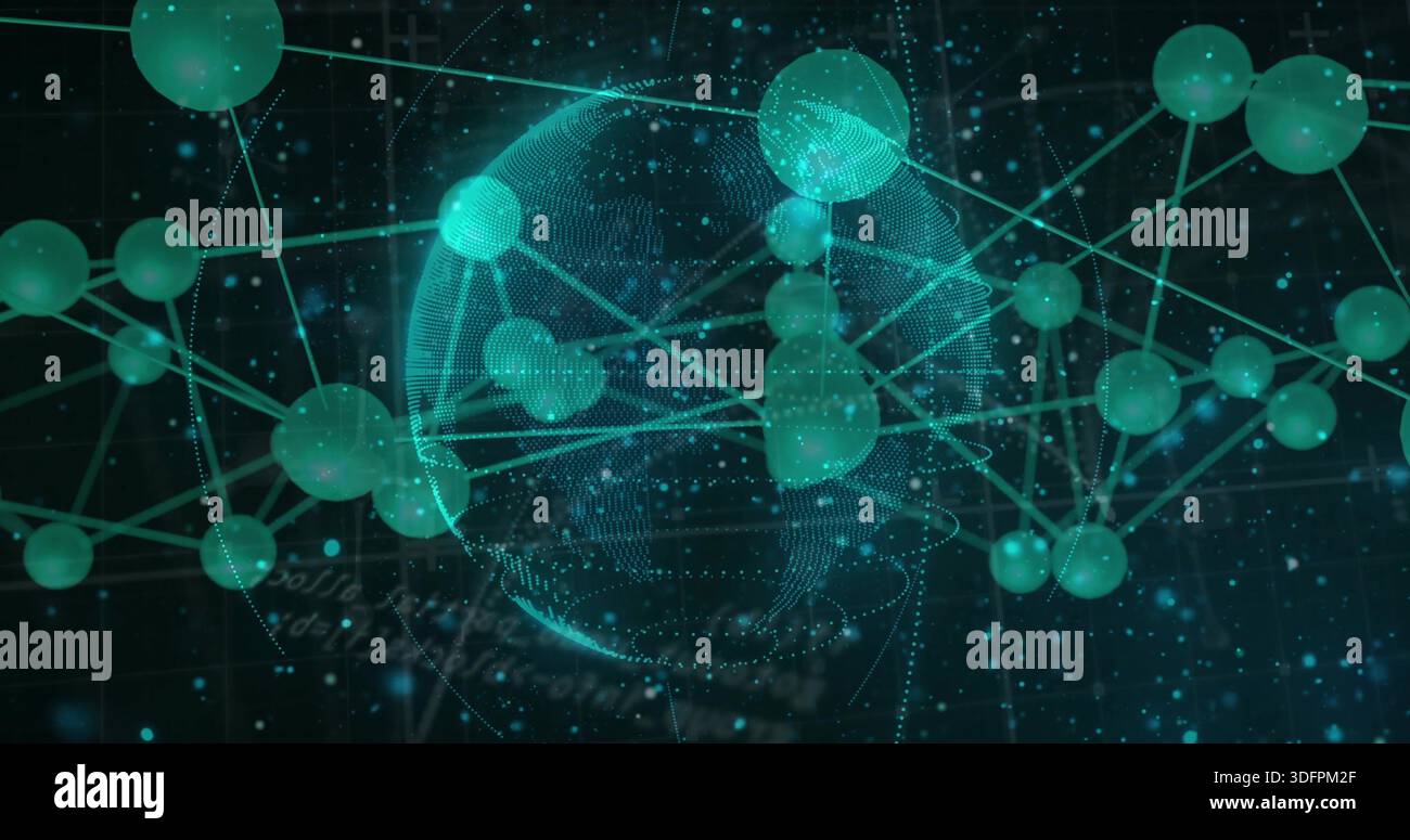 Rotating central wireframe globe sitting center in digital network, showing nodes, lines, code Stock Photo