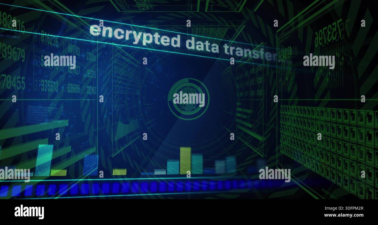 Projecting central HUD and bar chart in virtual data tunnel, showing header encrypted data transfe Stock Photo