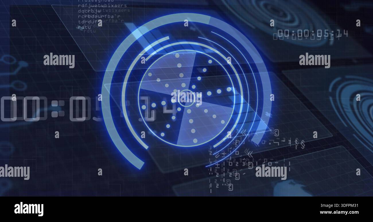 Scanning central circular HUD centered in virtual interface, showing concentric rings and timer Stock Photo