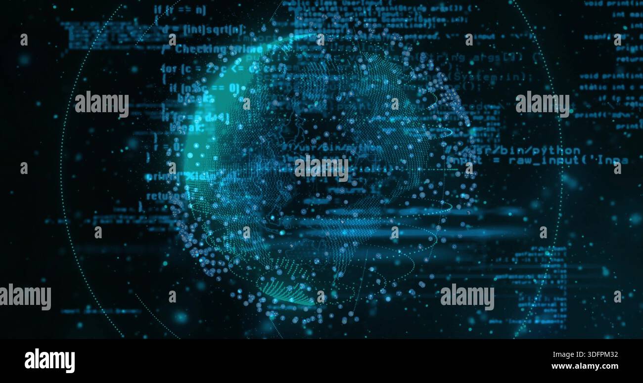 Rendering luminous 3D data globe rotating in virtual deep-space display, with python code fragments Stock Photo