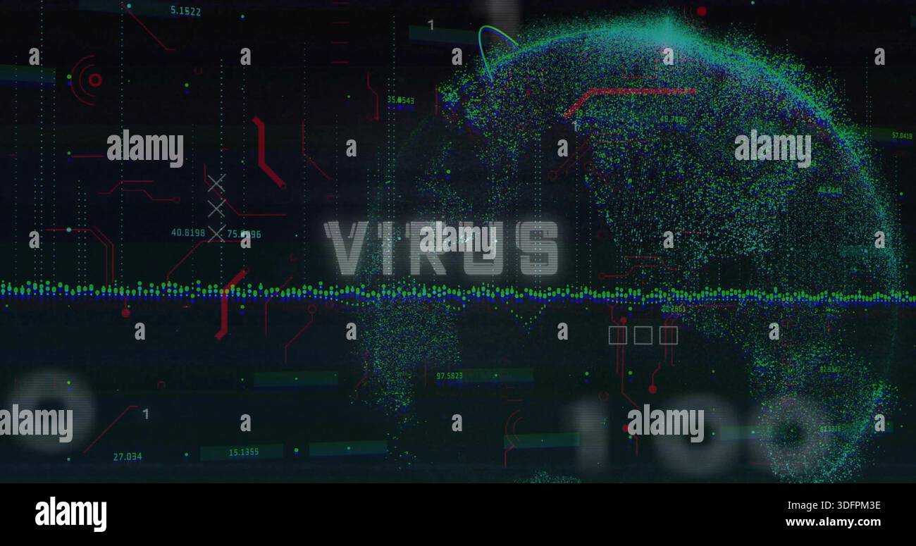 Displaying digital point-cloud globe and bold VIRUS label on virtual HUD screen, with waveform Stock Photo