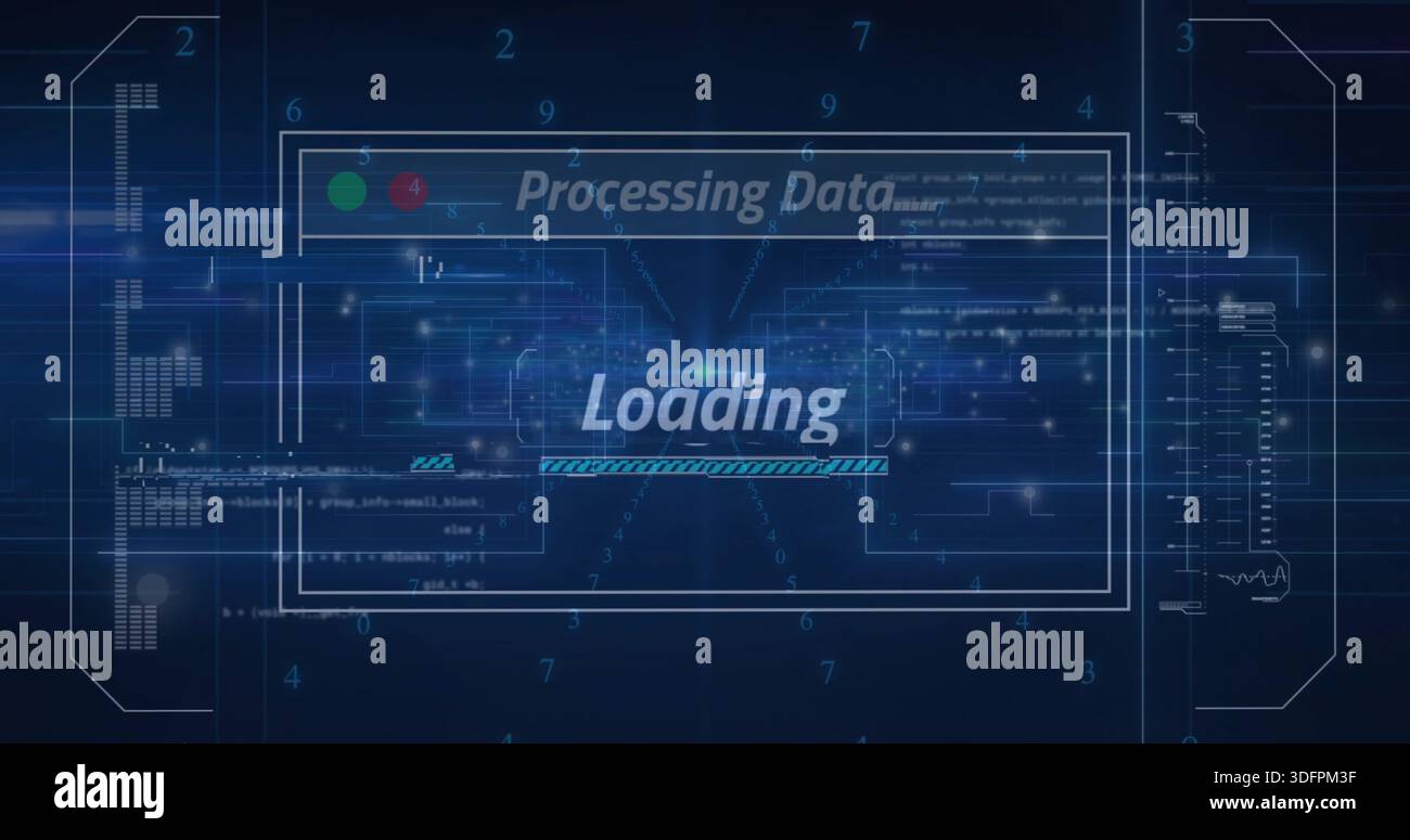 Displaying UI showing Processing Data header, Loading and progress bar in HUD with green-red lights Stock Photo