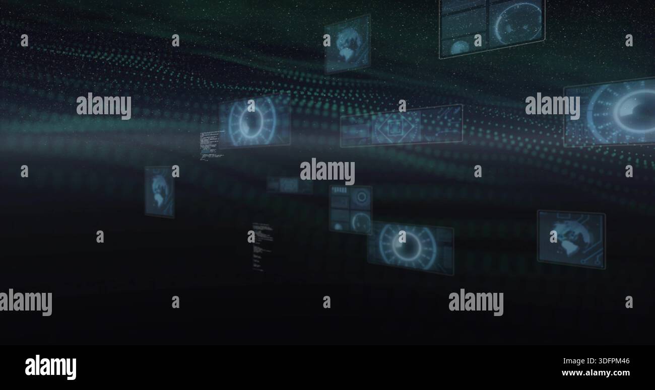 Floating holo HUD panels showing circular gauges, map thumbnails ...