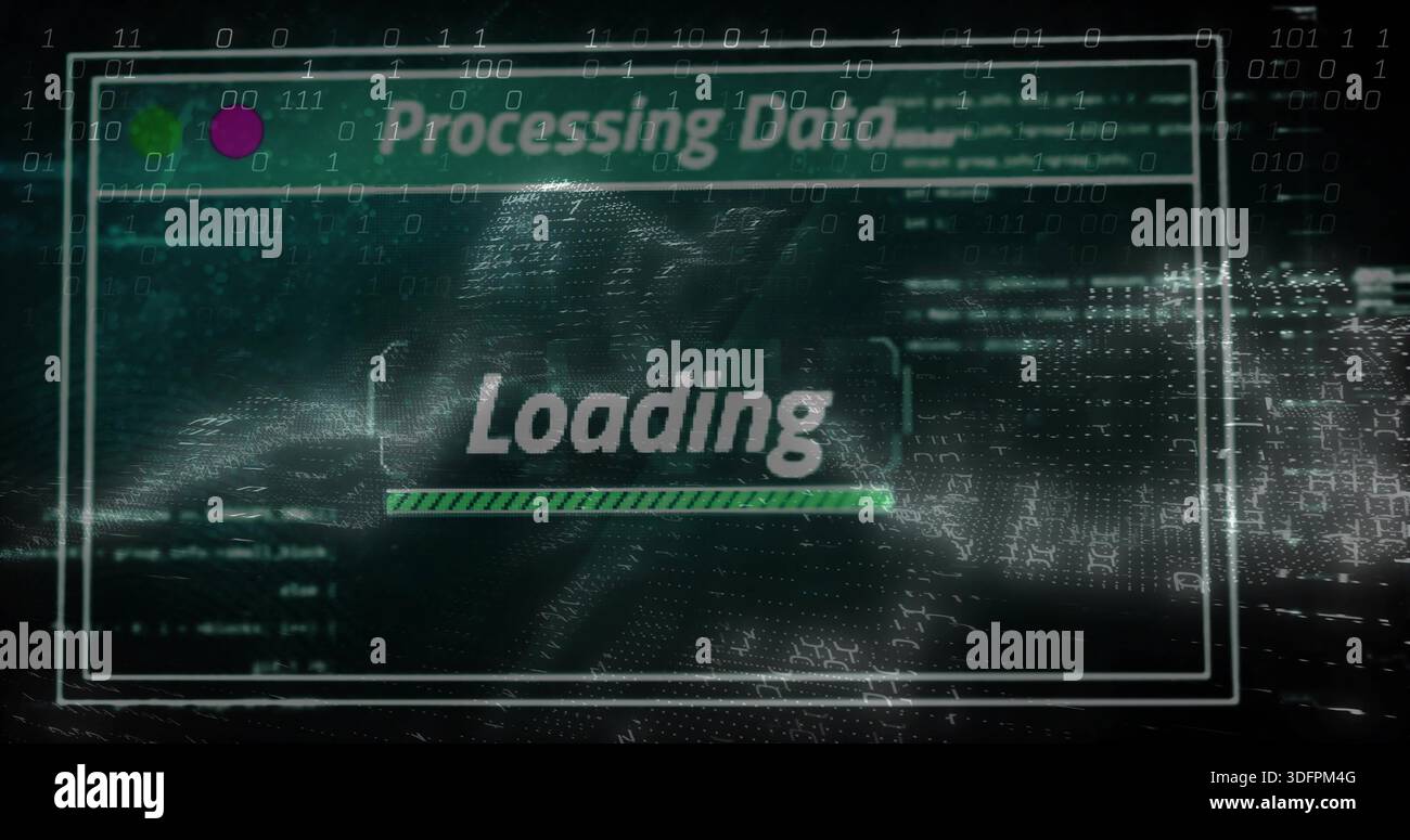 Displaying data UI overlay on screen, showing 'Processing Data' header, 'Loading' label, green bar Stock Photo