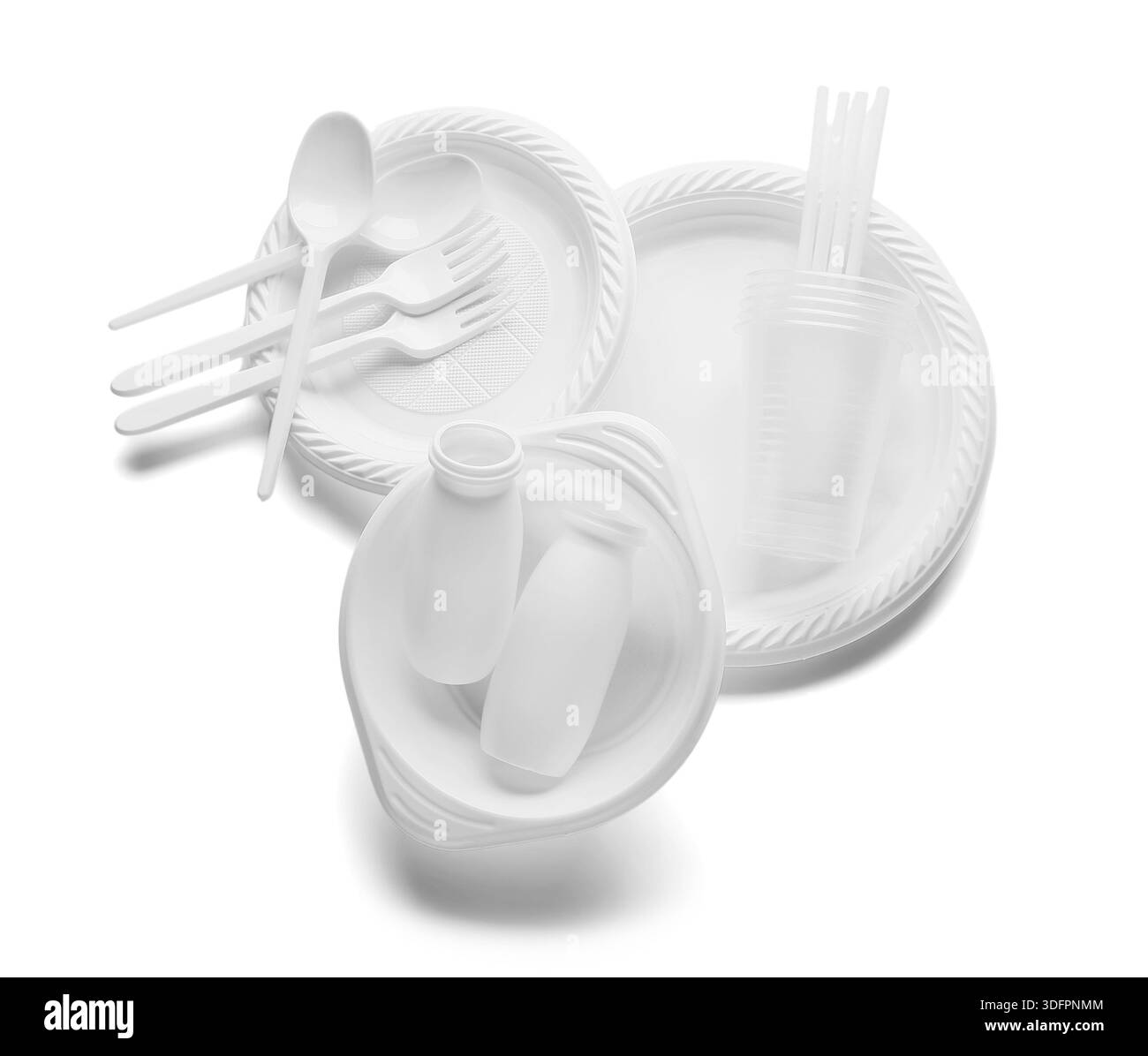 Different plastic tableware on white background Stock Photo