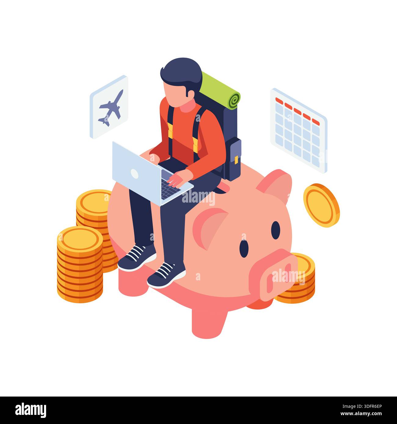 Isometric Traveler Sitting on Piggy Bank Planning Budget Trip on Laptop. Budget Travel Concept Stock Vector