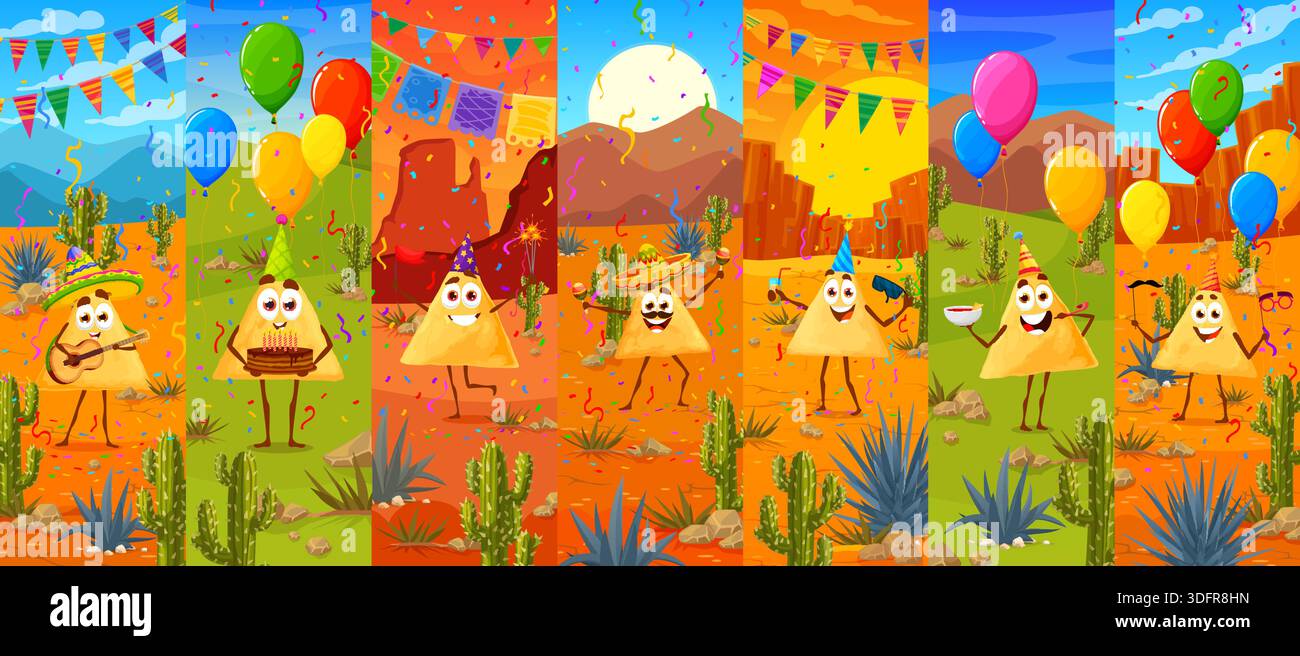 Cartoon nachos chips vector characters celebrate a Mexican holiday with ...