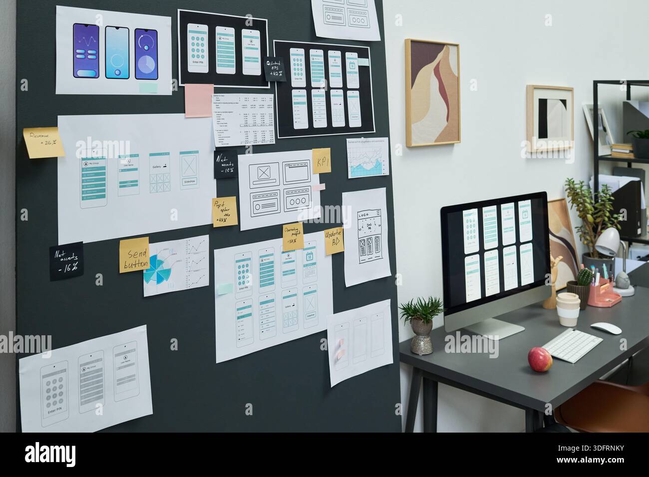 Mobile app wireframes and user interface sketches displayed on board ...