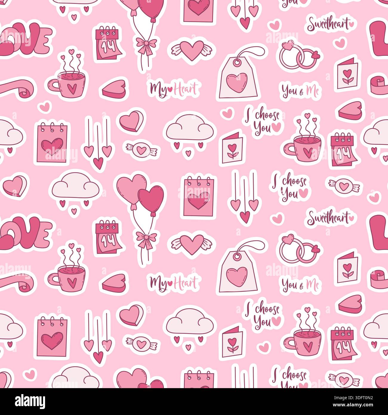 Seamless Valentines Day Doodle Pattern. Cute Pink Balloons, Wedding Rings, Romantic Quotes, Calendar, And Heart Elements Repeating Background. Vector Stock Vector