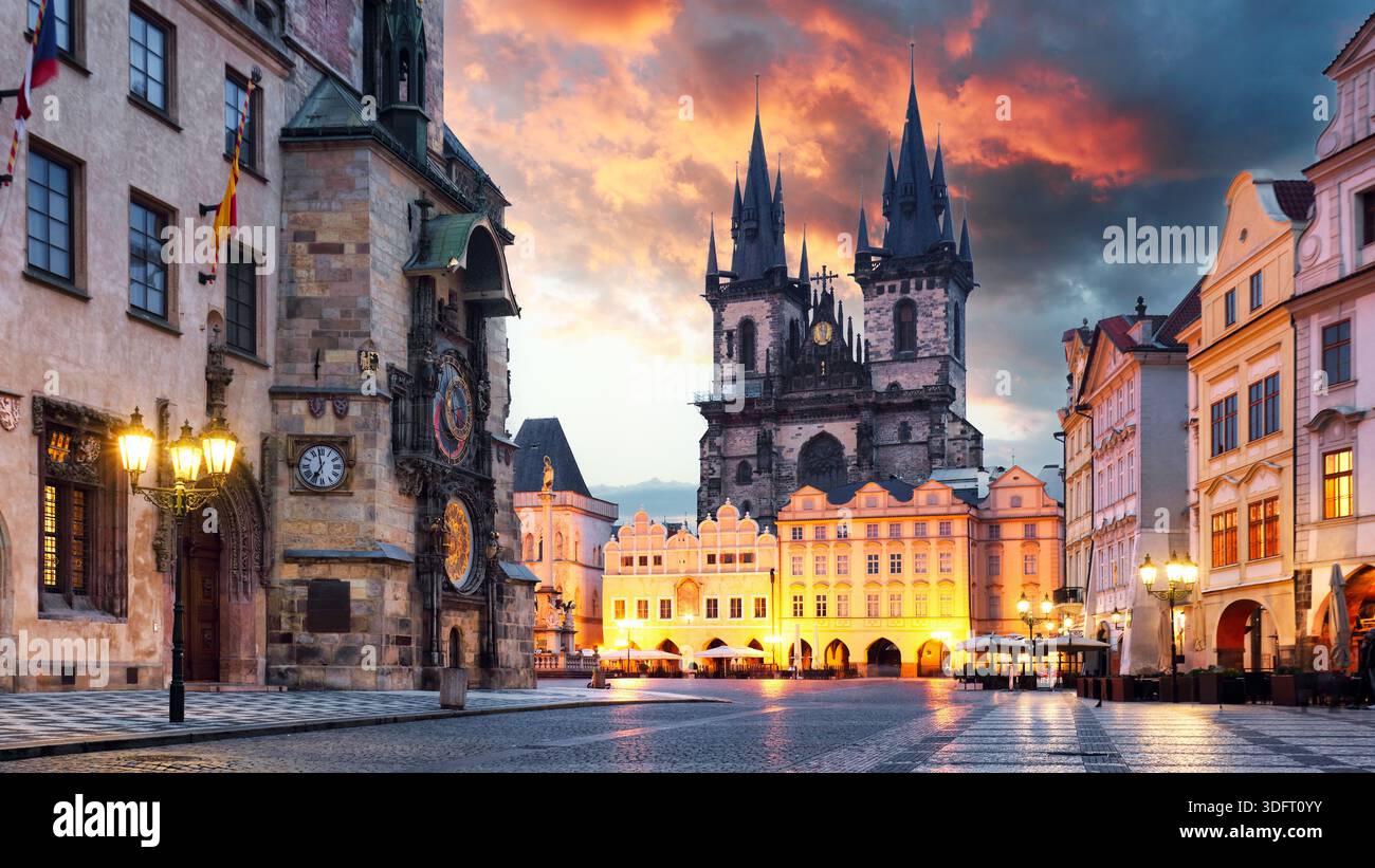 Prague - Old Town Square, Famous Astronomical Clock and Tyn church's tower, Czechia Stock Photo