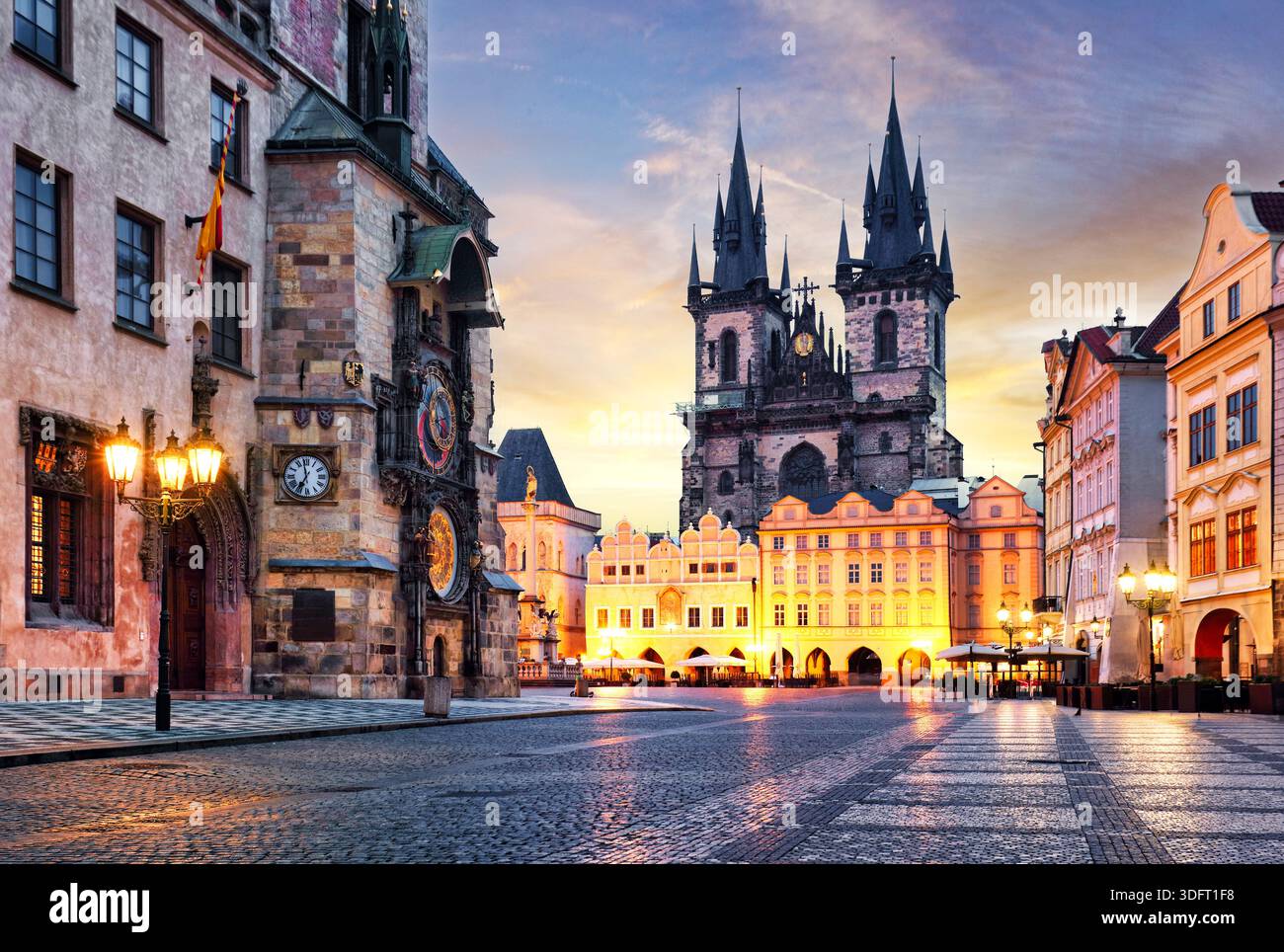 Prague - Old Town Square, Famous Astronomical Clock and Tyn church's tower, Czechia Stock Photo