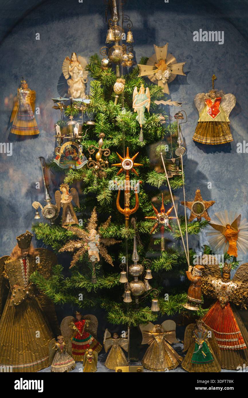 Museum display of a vintage Christmas tree decorated with antique glass ...