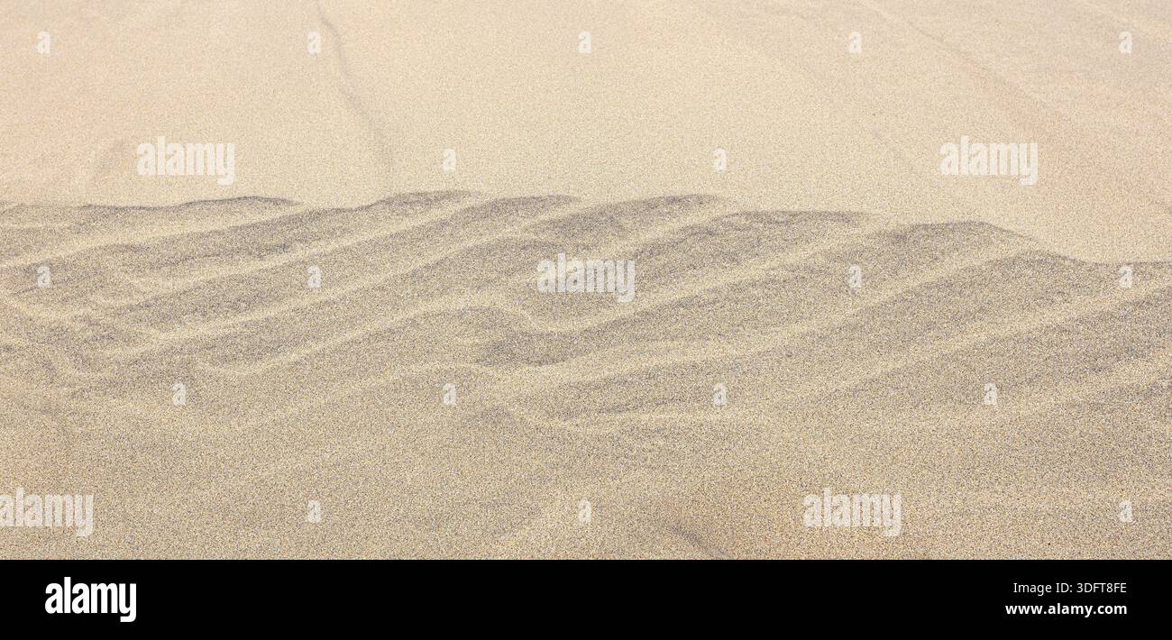 Wind creating wavy patterns in light beige sand, showing texture and abstract lines Stock Photo