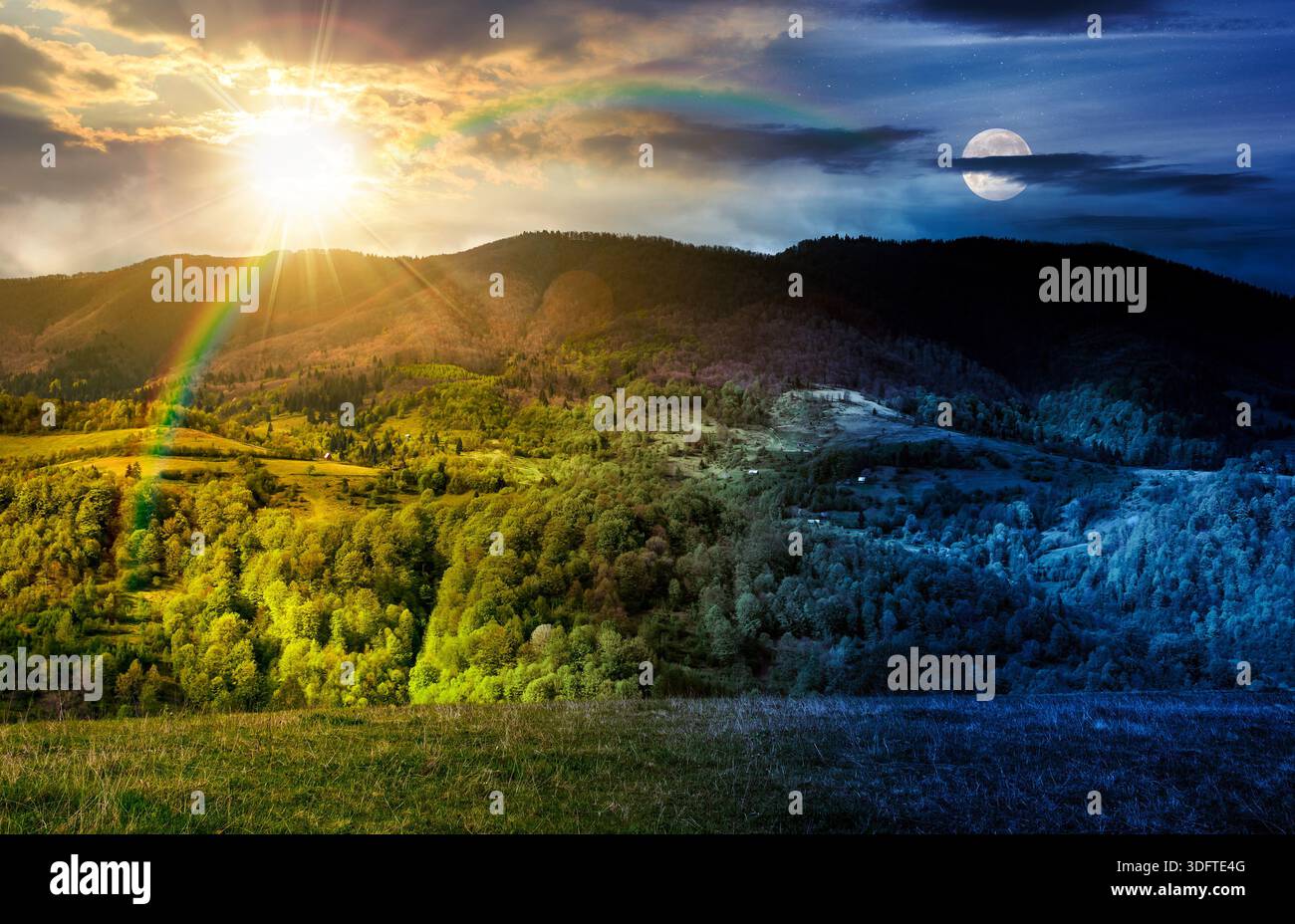 forested mountain slopes in spring. time change concept. lovely countryside landscape with sun and moon. mountainous rural area under the cloudy sky. Stock Photo