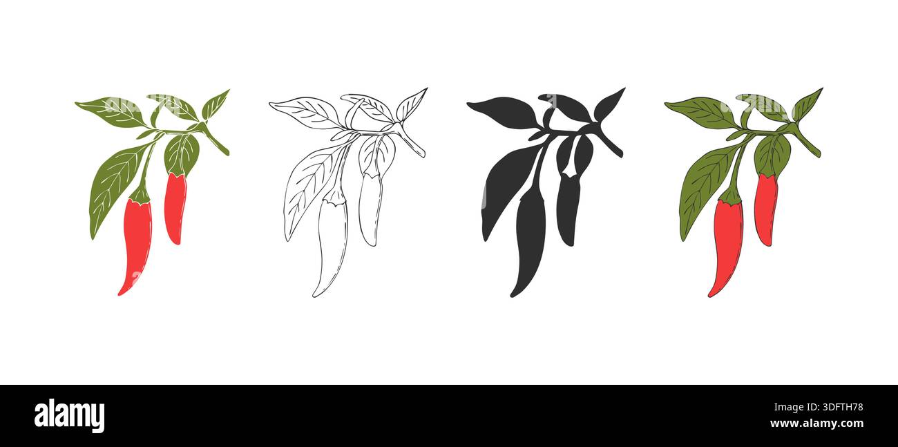 Set of red hot chili peppers icons, hand drawn doodle drawing, branch ...
