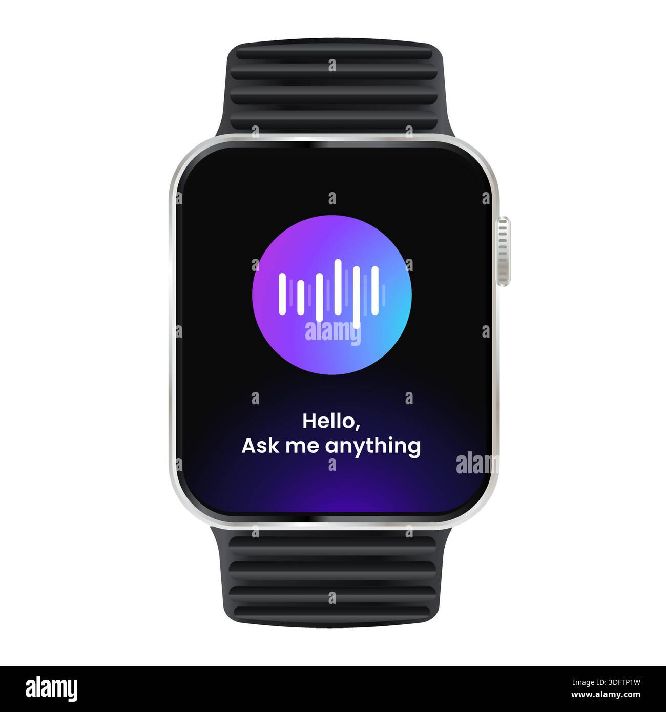 smartwatch device displaying artificial intelligence voice assistant interface featuring a colorful sound wave visualization realistic vector Stock Vector